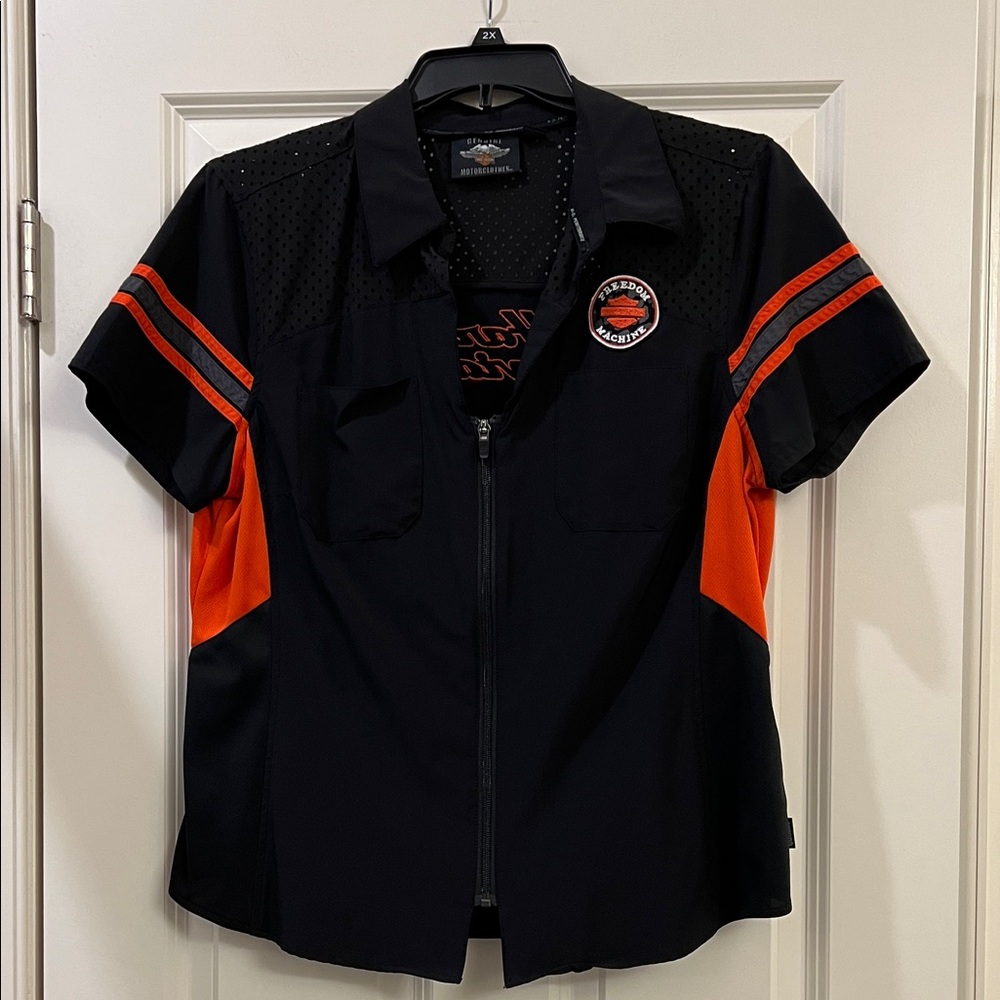 Harley-Davidson Black and Orange Short Sleeve Zip Work Shirt